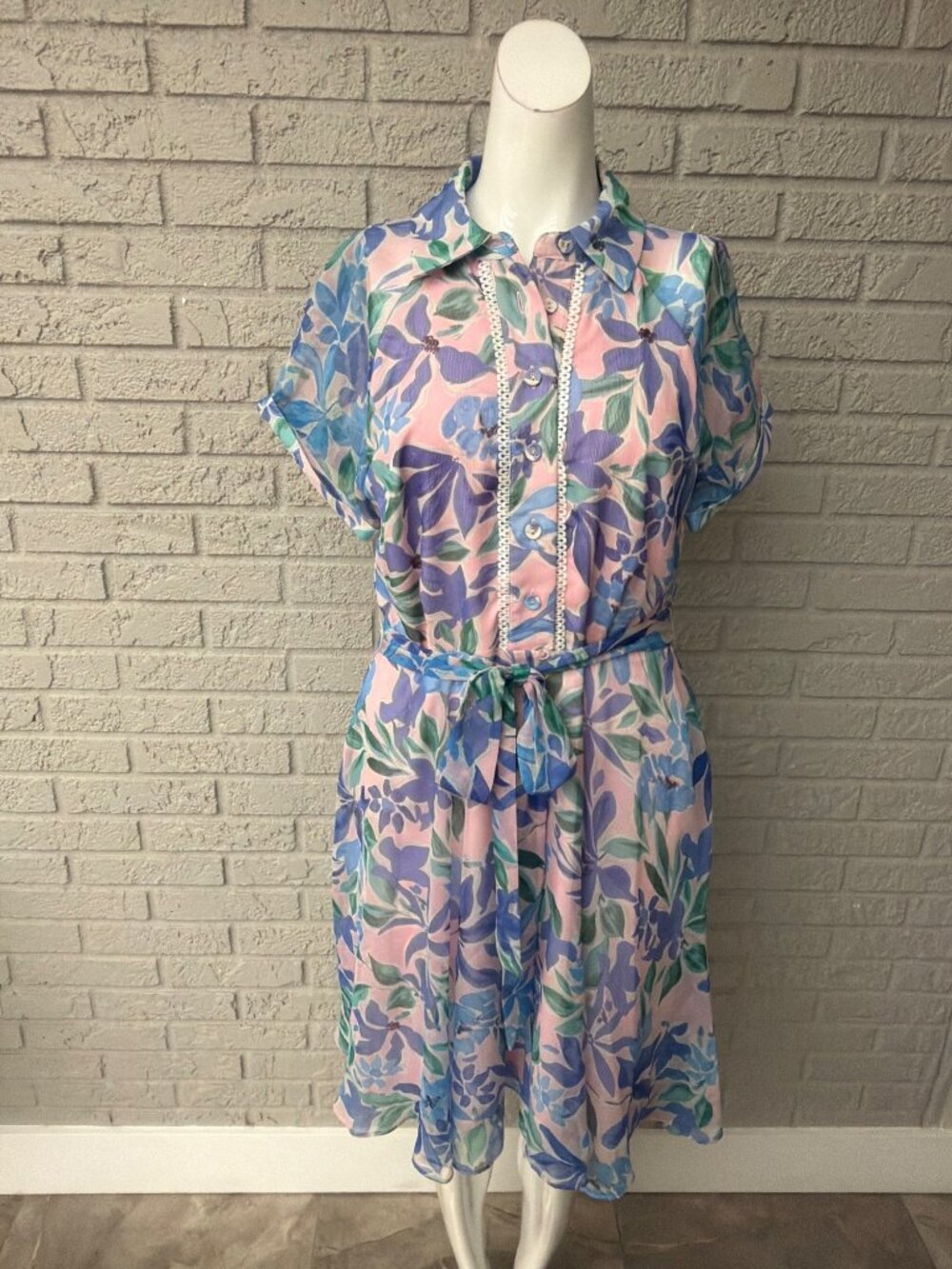 Tahari ASL Shadow-Striped Floral Print Belted Dress Size 8 - Picture 3 of 15